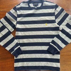 Polo Ralph Lauren Waffle Knit Striped Long Sleeve Shirt Navy Gray | Boy’s Medium